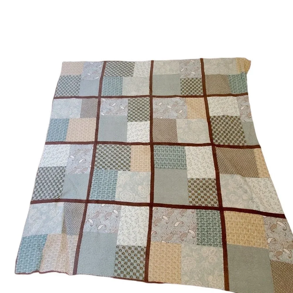 Paisley Quilt Coverlet Full Size Floral Mixed Prints‎ Blue Brown 1 Sham Bedskirt